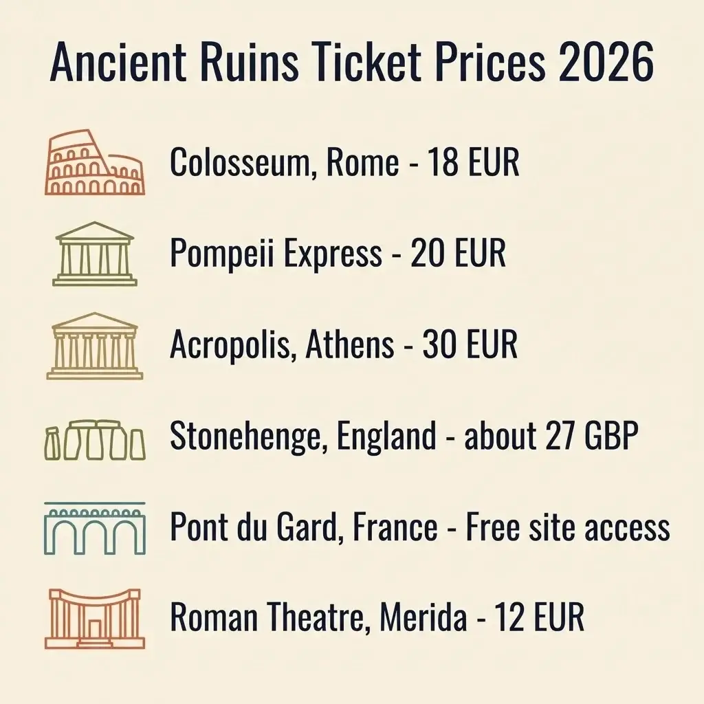 Comparison chart of 2026 ticket prices for the best ancient ruins to visit in Europe including Colosseum, Pompeii, Acropolis and Stonehenge