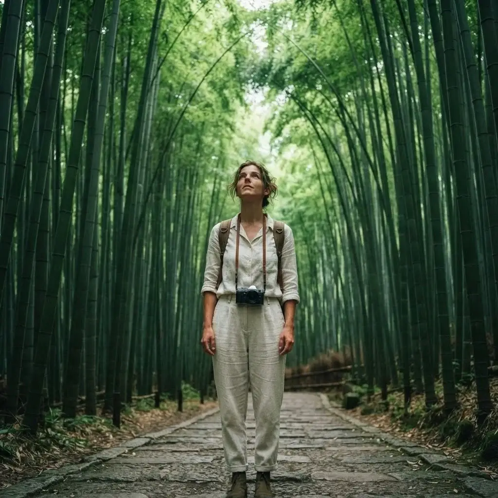 An eye-level wide-angle photograph of a female traveler with natural brown hair standing among towering green stalks in the Arashiyama Bamboo Grove in Kyoto, looking upward with a mirrorless camera on her shoulder.