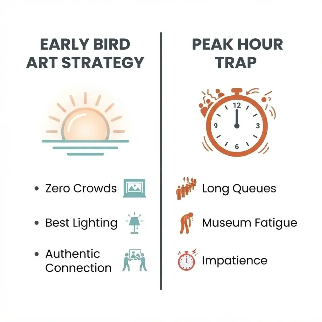 A comparison chart showing the benefits of early morning art gallery visits compared to midday peak hours, including reduced wait times and better lighting.