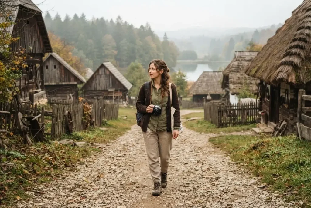 Solo female traveler exploring traditional wooden farmhouses at the ASTRA open-air folk museum, Sibiu, Romania