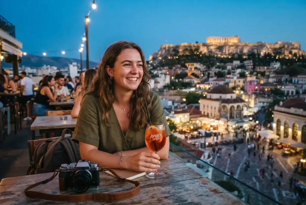 Rooftop bar view over Monastiraki Square toward the lit Acropolis at dusk in Athens, Greece, with a solo traveler holding a spritz