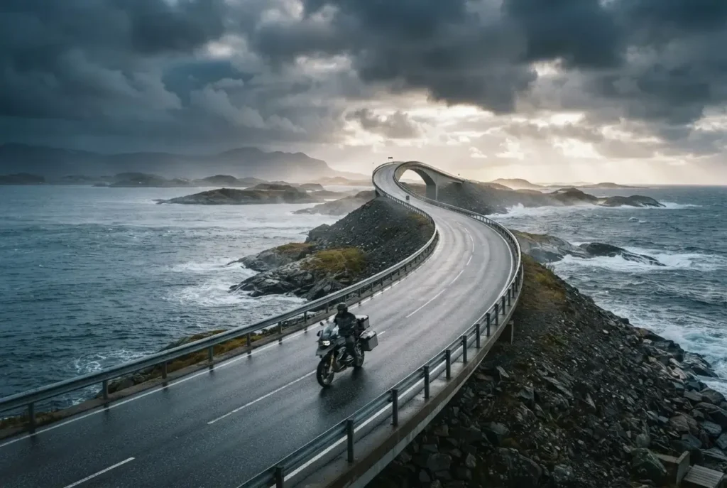 Motorcyclist crossing the Storseisundet bridge on the Atlantic Ocean Road along Norway's coast