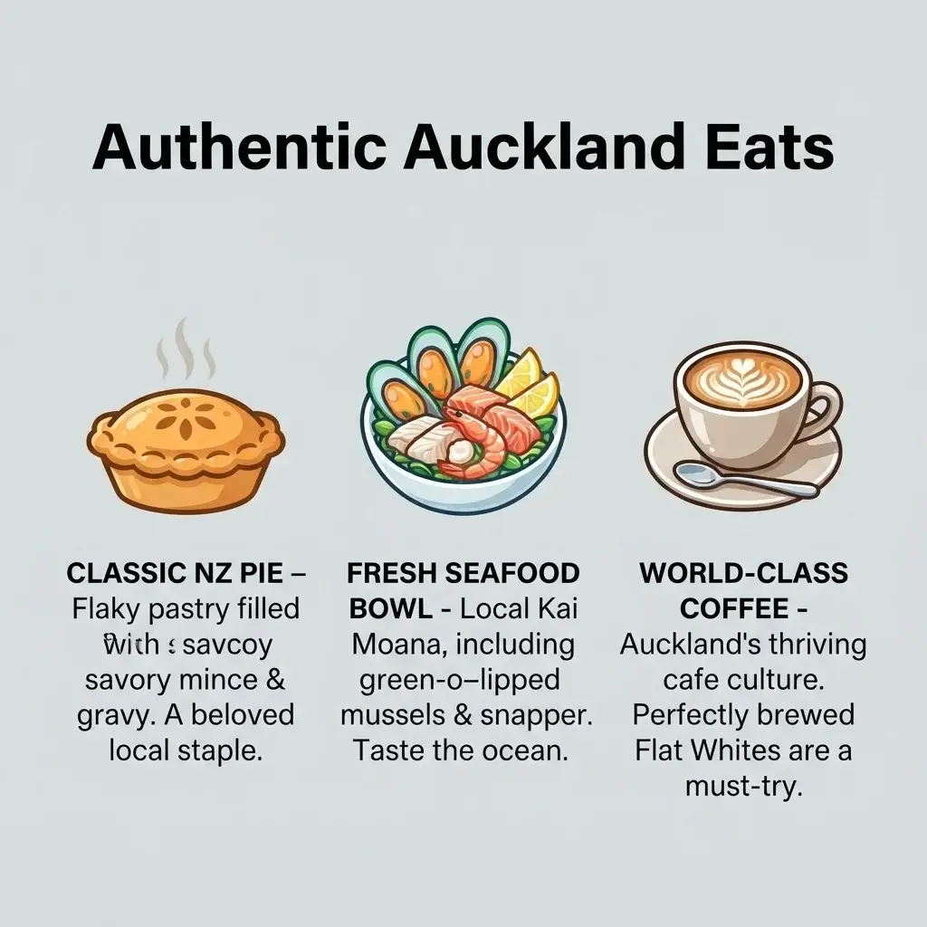 A minimalist vector guide featuring icons for three classic Auckland food experiences: Meat Pies, Pacific-inspired Seafood, and Flat White Coffee.