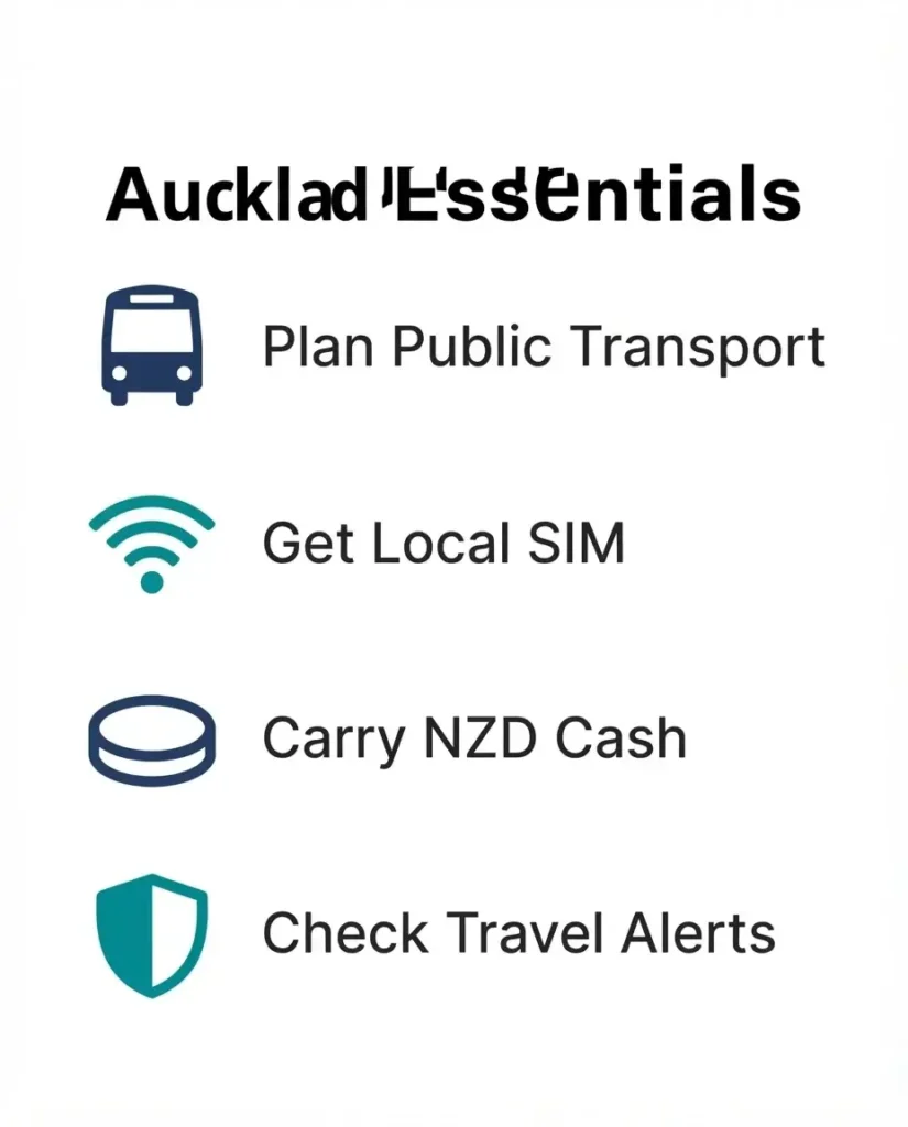 A clean checklist infographic showing four essential steps for arriving in Auckland: Transport, Connectivity, Currency, and Safety checks.