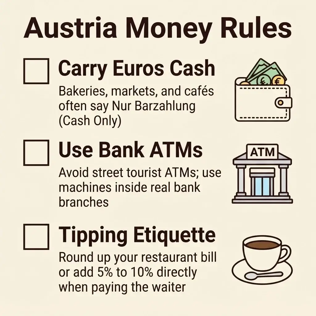 A 9:16 vertical vector infographic checklist titled "Austria Money Rules" outlining essential steps for handling currency, identifying cash-only spots, and applying proper restaurant tipping etiquette.