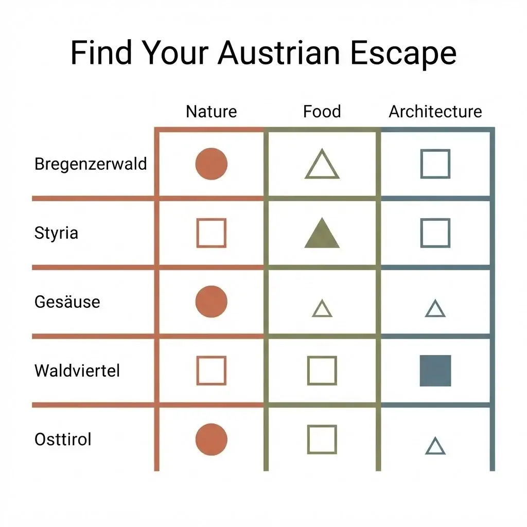 A comparison matrix for Austrian offbeat travel regions, highlighting key strengths like nature, gastronomy, and architecture to help travelers choose their destination.