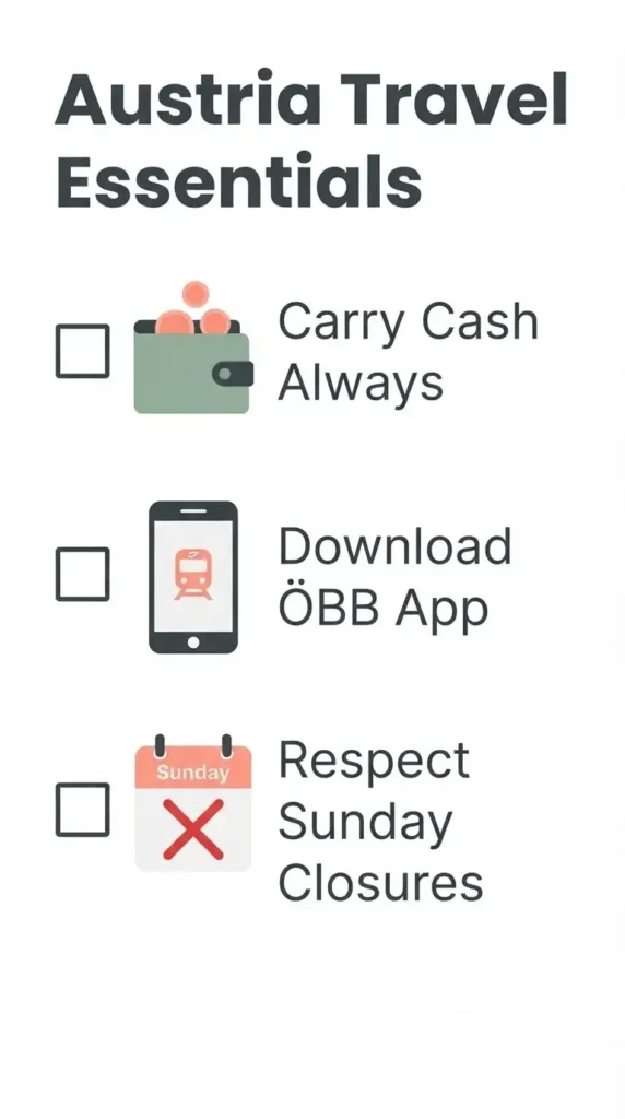 A clean, minimalist checklist for travelers planning an offbeat trip to Austria, featuring vector icons representing cash, the ÖBB navigation app, and Sunday closure reminders.