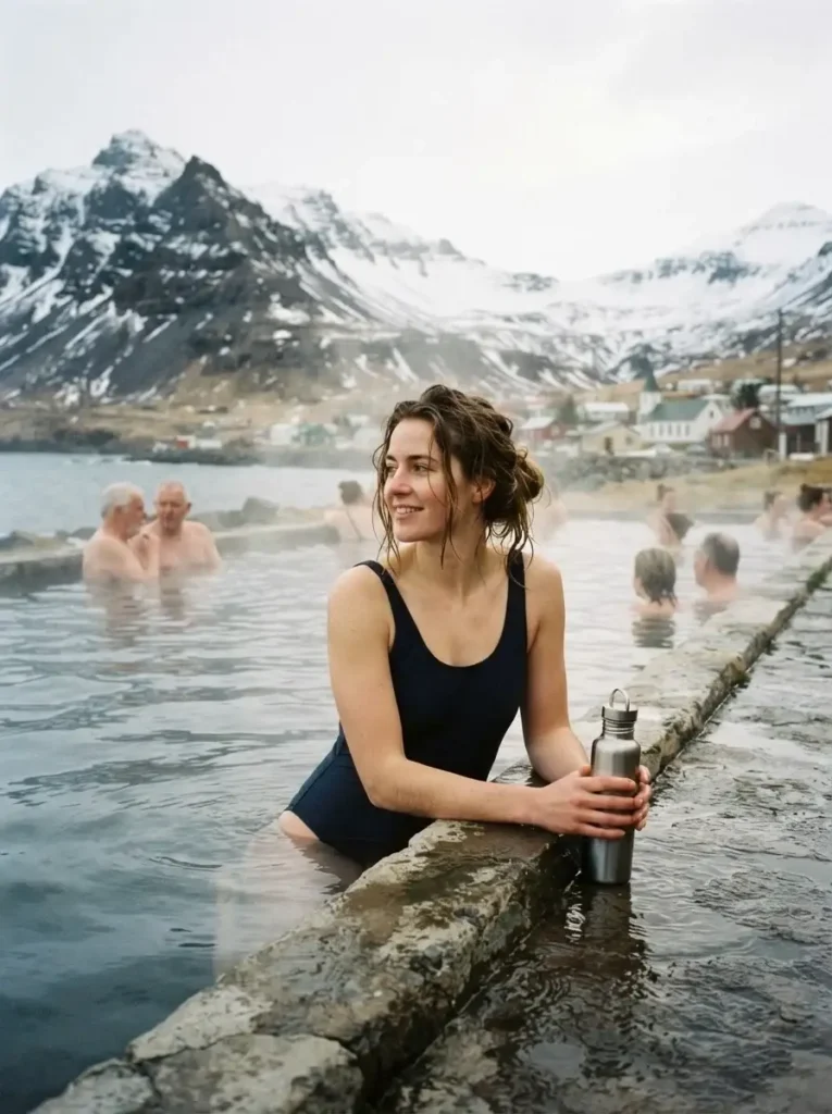 A candid, authentic moment of a solo traveler experiencing a local outdoor geothermal swimming pool in an Icelandic town.