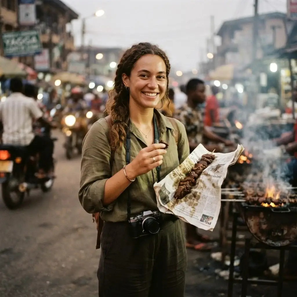 A candid close-up of a female traveler holding a traditional paper-wrapped portion of spicy Nigerian beef suya street food in Lagos, with a bustling street background.