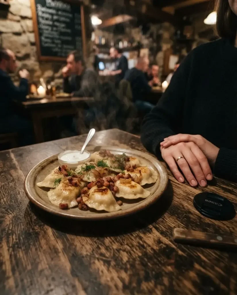 Close-up shot of a steaming plate of traditional Polish pierogi on a rustic wooden table in a cozy, authentic Krakow restaurant, warm atmosphere.