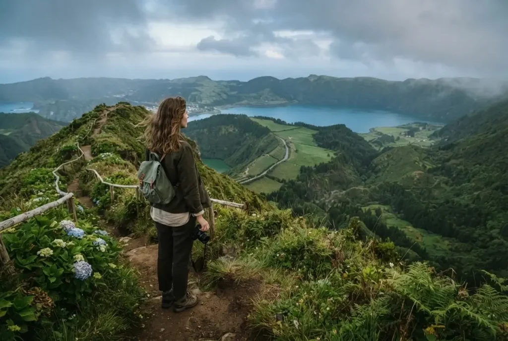 Female hiker overlooking the volcanic crater lakes of Sete Cidades on Sao Miguel island in the Azores, Portugal