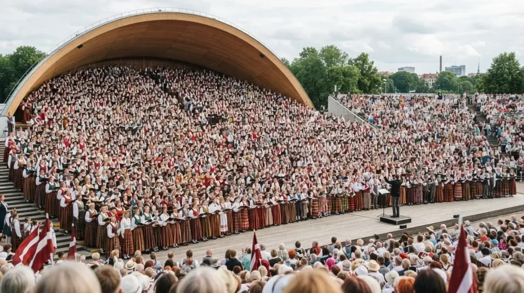 Thousands of traditional folk singers in national costume performing at the Baltic Song and Dance Celebration, Riga, Latvia