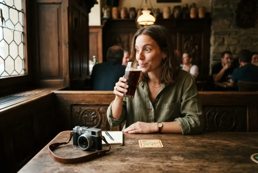 Solo traveler holding a glass of dark Rauchbier in a wood-paneled historic tavern in Bamberg, Bavaria, Germany
