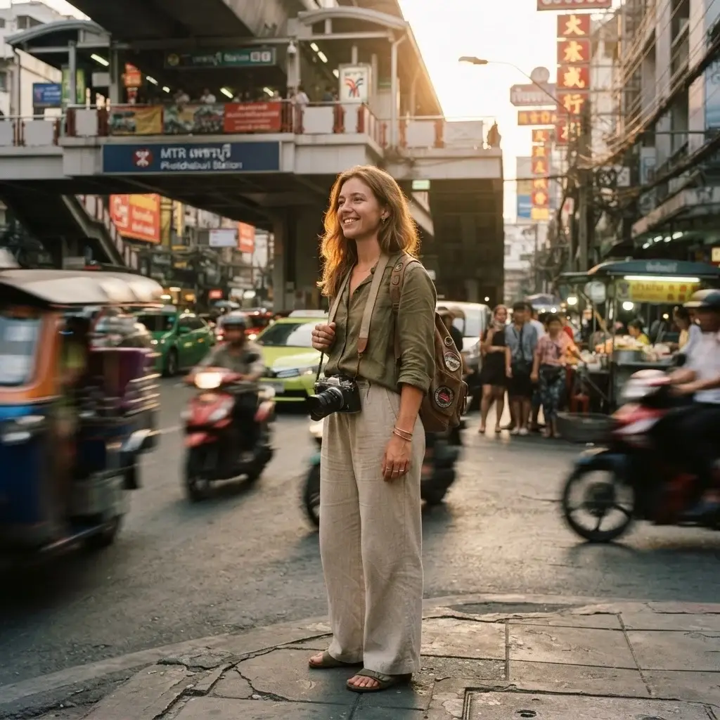 A natural portrait of Emma Collins standing outside a busy Bangkok airport terminal with a mirrorless camera slung over her shoulder during a warm sunset.