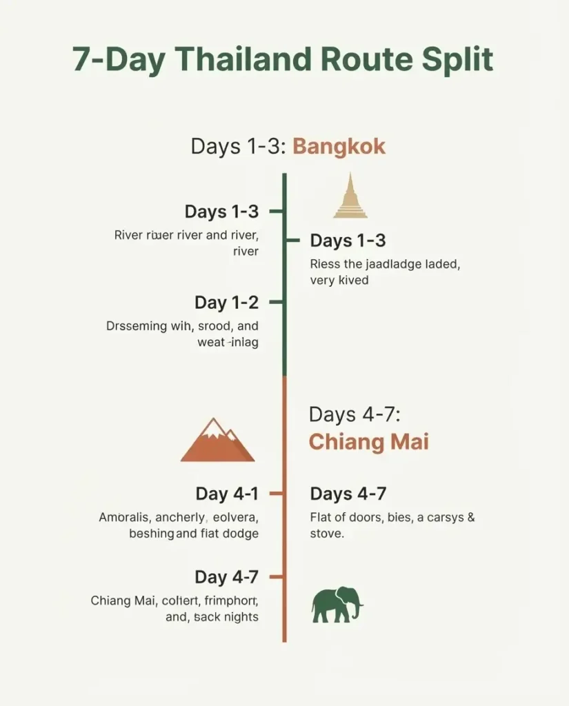 A modern 4:5 flat vector graphic illustrating a step-by-step route and daily schedule split, showing 3 days in Bangkok and 4 days in Chiang Mai with core highlights for each day.