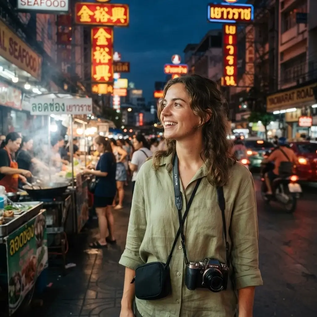 A candid eye-level photograph of a female solo traveler with brown hair exploring the vibrant street food stalls and glowing neon signs of Yaowarat Road in Bangkok Chinatown at night.