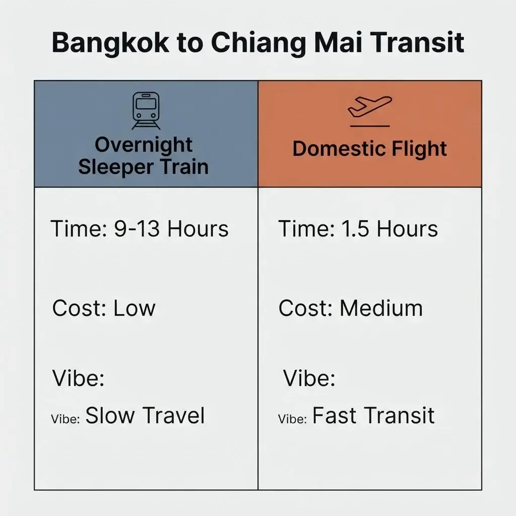 A high-contrast 1:1 flat vector comparison grid analyzing the trade-offs between the Overnight Sleeper Train and a Domestic Flight from Bangkok to Chiang Mai across cost, time, and experience.