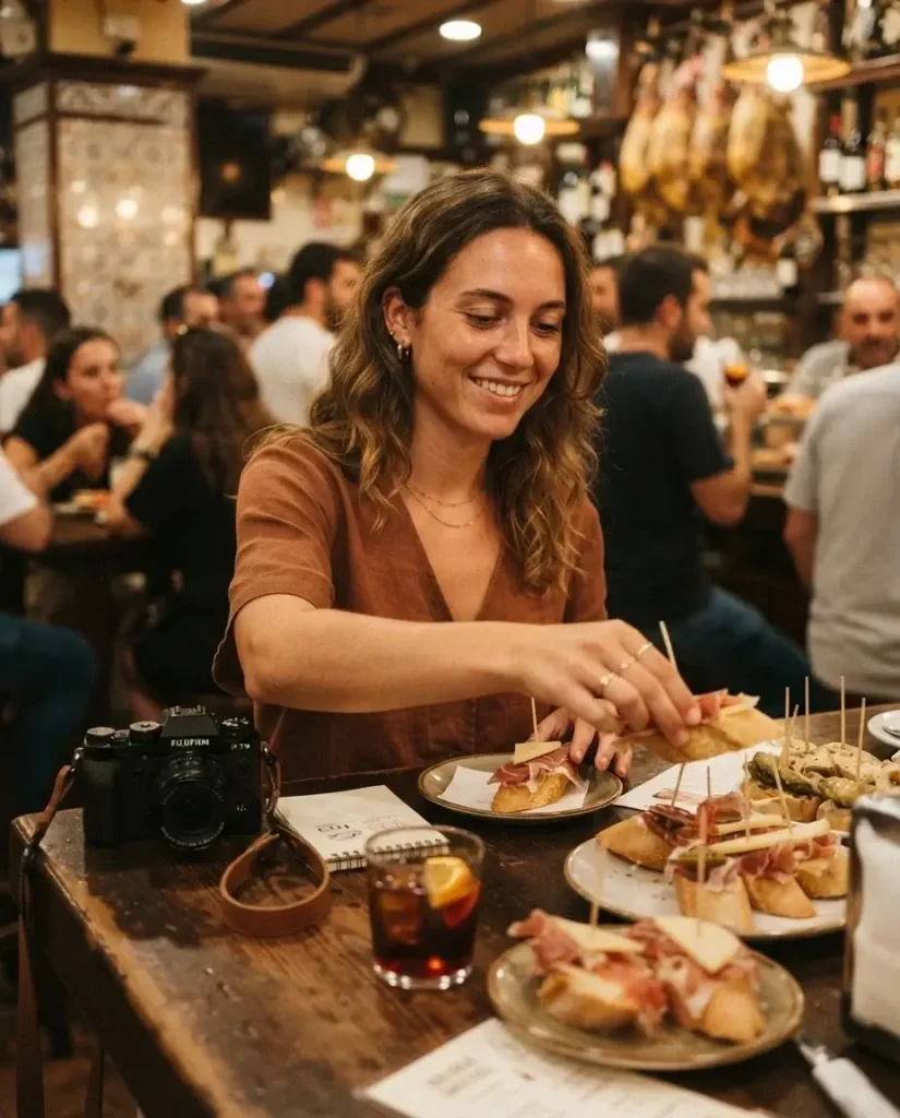 Solo traveler eating pintxos at a busy tapas bar on Carrer de Blai in Poble Sec, Barcelona at night