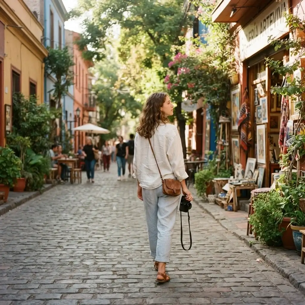 A candid portrait of a female solo traveler exploring the colorful, artistic cobblestone streets of Barrio Lastarria in Santiago, carrying a mirrorless camera and wearing casual linen clothes.