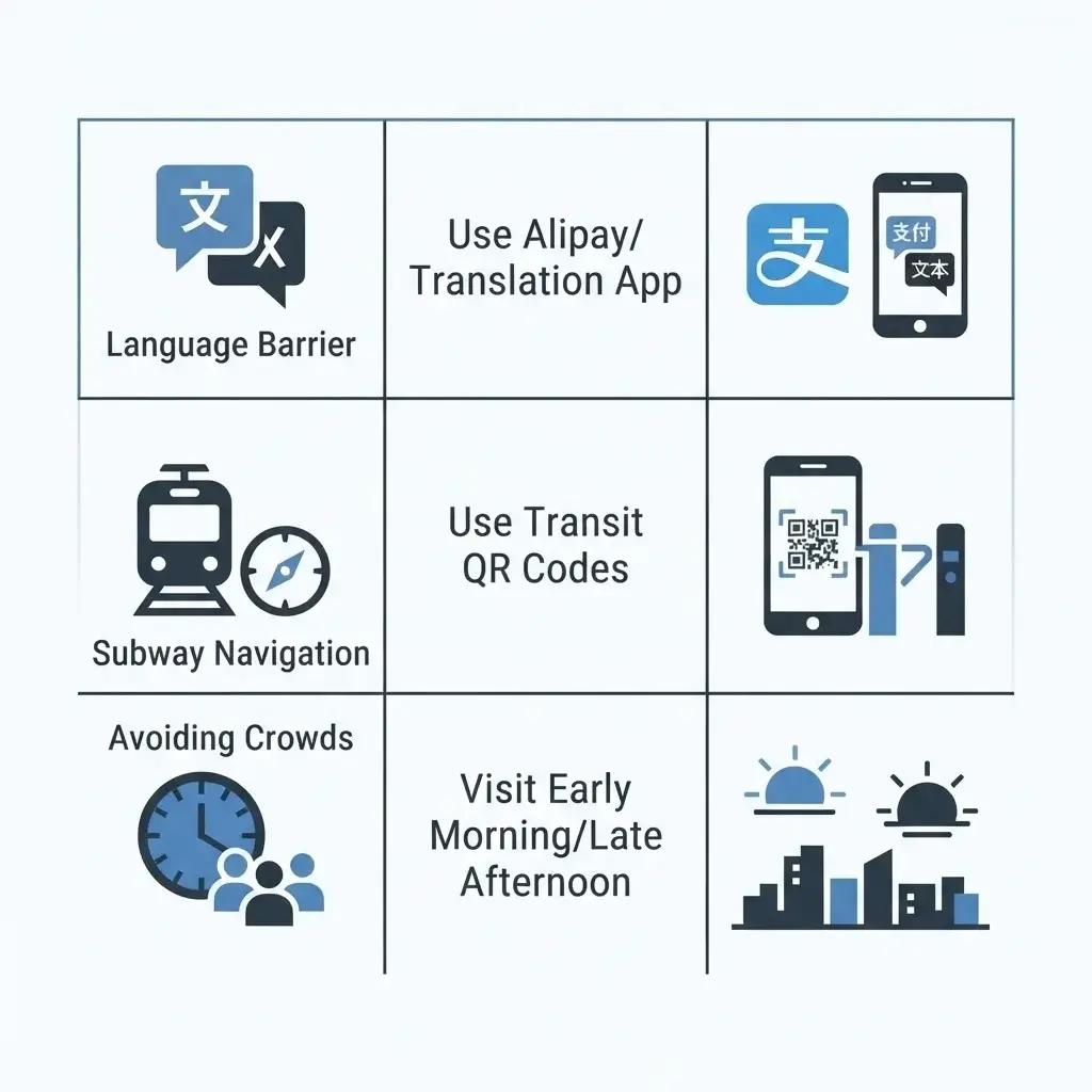 A flat design infographic comparing common Beijing travel challenges (Language, Subway, Crowds) with their corresponding simple solutions.