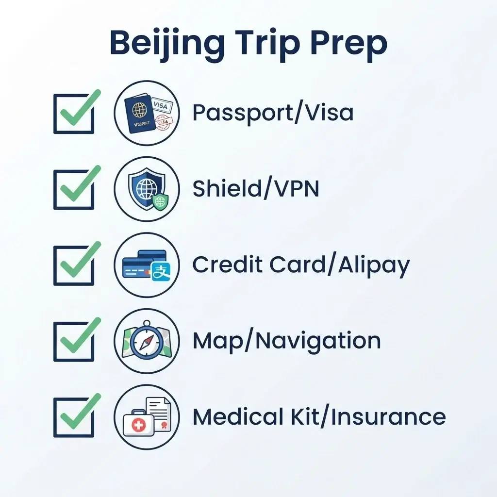 A clean, minimalist checklist infographic titled "Beijing Trip Prep" listing five essential pre-departure tasks: Visa, VPN, Payment Setup, Maps, and Insurance.
