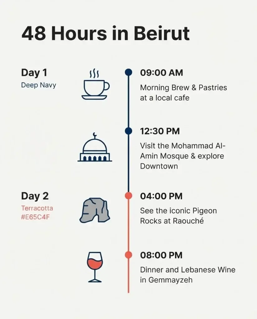 A minimalist, flat-vector infographic map outlining the 2-day Beirut itinerary, showing key activities for morning, afternoon, and evening on Day 1 and Day 2.