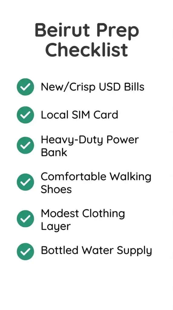 A modern, flat-vector travel checklist for visiting Beirut, displaying essential items like crisp USD cash, a local SIM card, a power bank, and comfortable walking shoes.