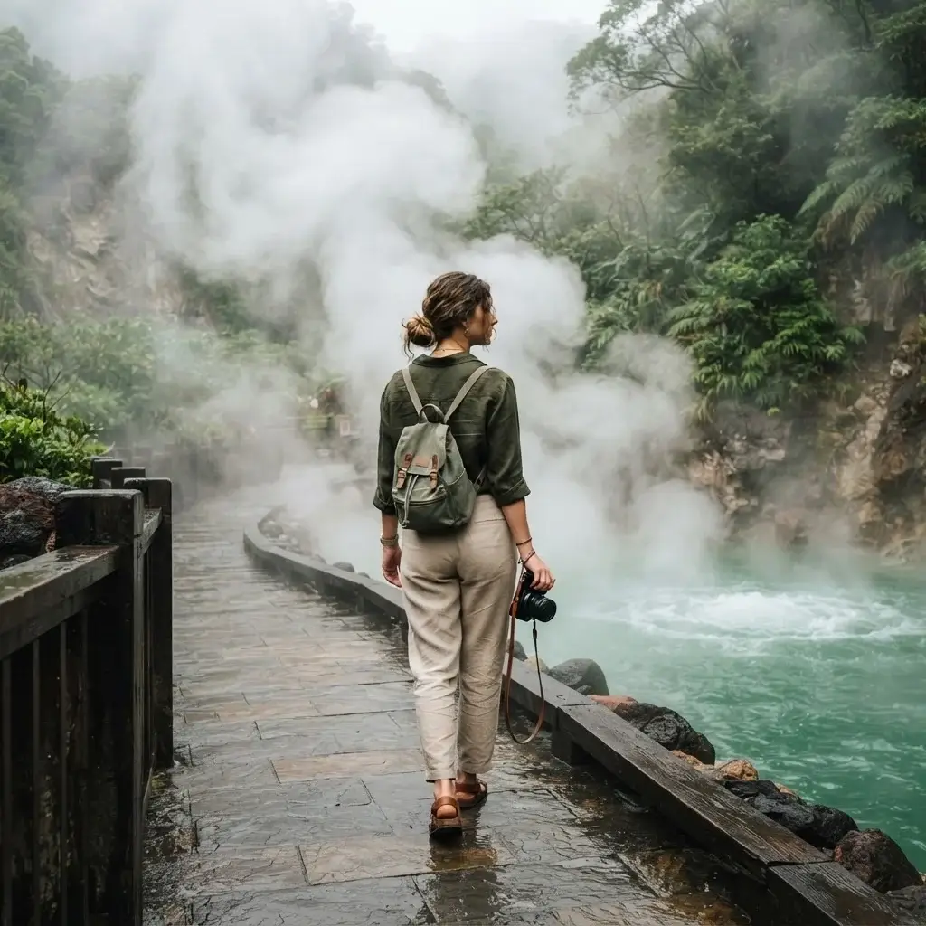 A solo female traveler with a mirrorless camera walking along a stone boardwalk surrounded by thick volcanic mineral steam clouds at Thermal Valley in Beitou, Taipei.