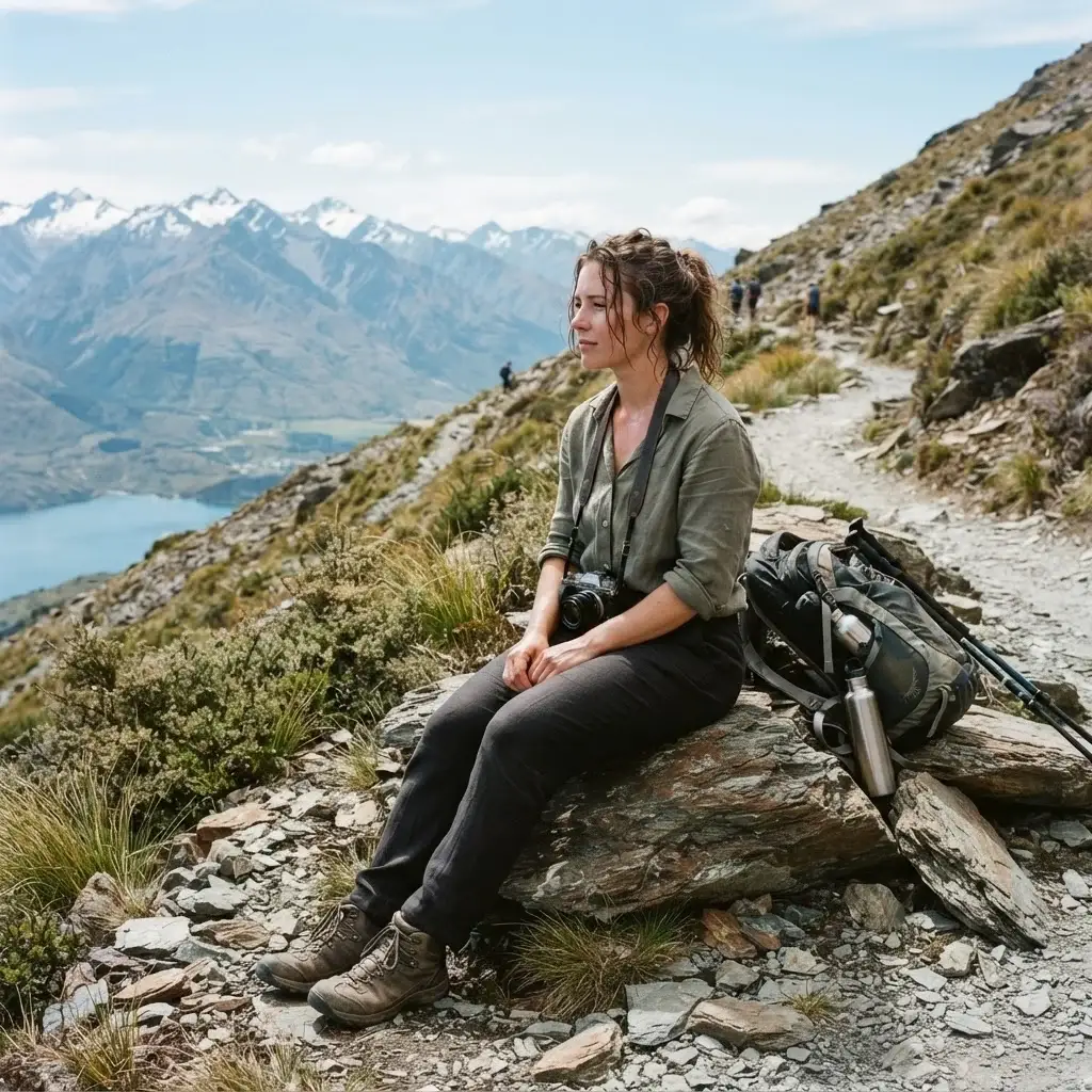 A female hiker taking a thoughtful break on the steep Ben Lomond track in New Zealand, looking out over the mountain peaks with a professional mirrorless camera slung over her shoulder.