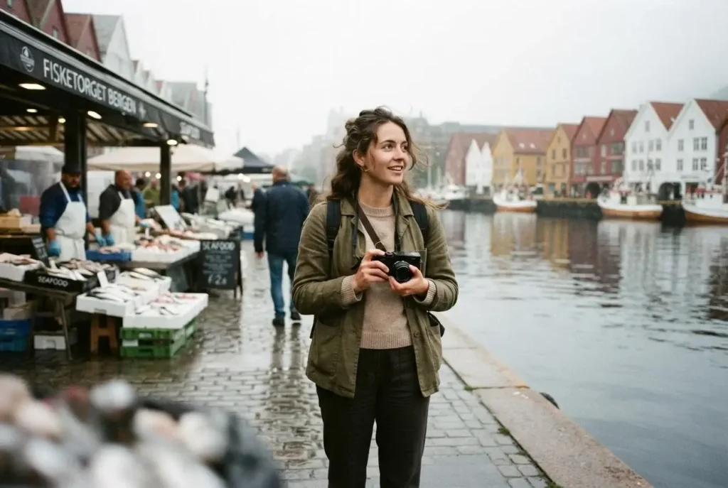 Solo traveler at Bergen Fisketorget fish market with colorful harbor buildings and fjord backdrop, Norway