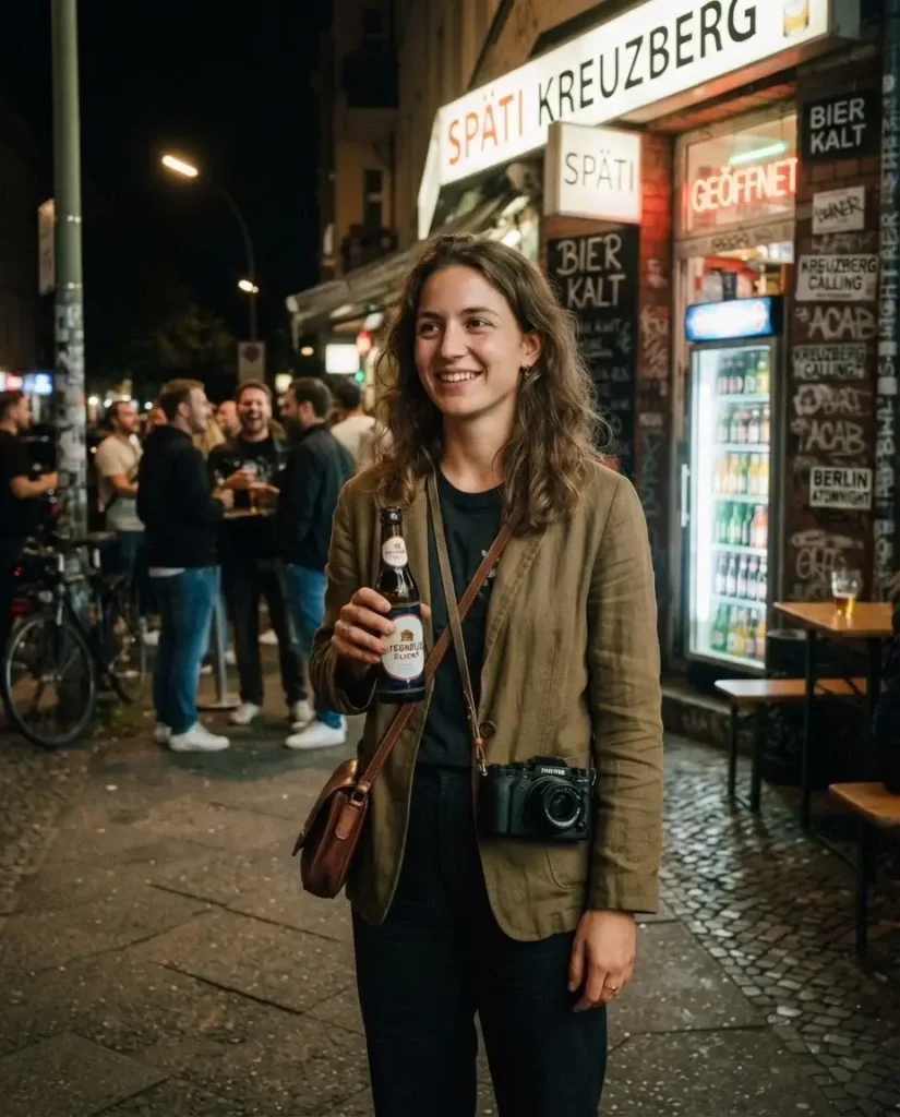 Young woman holding a beer outside a Späti corner shop at night in Kreuzberg, Berlin nightlife district