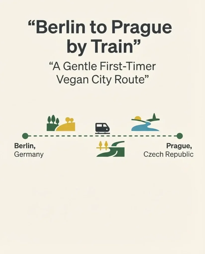 Minimalist vector map showing the scenic train route between Berlin, Germany and Prague, Czech Republic for a vegan city trip