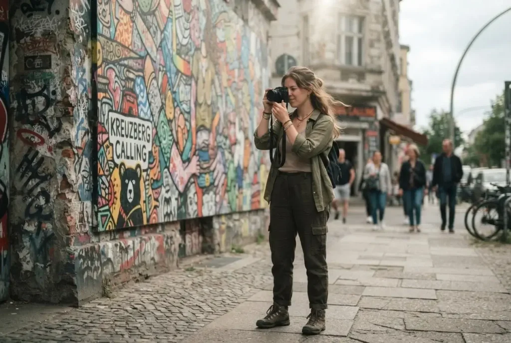 Young woman traveler photographing colorful street art murals in Kreuzberg, Berlin, Germany on an alternative walking tour