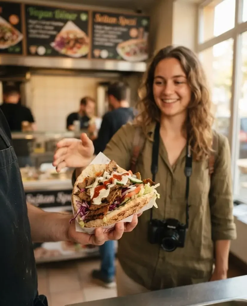 Vegan döner kebab held up at a casual food counter in Neukölln, Berlin, Germany, with a traveler in the background