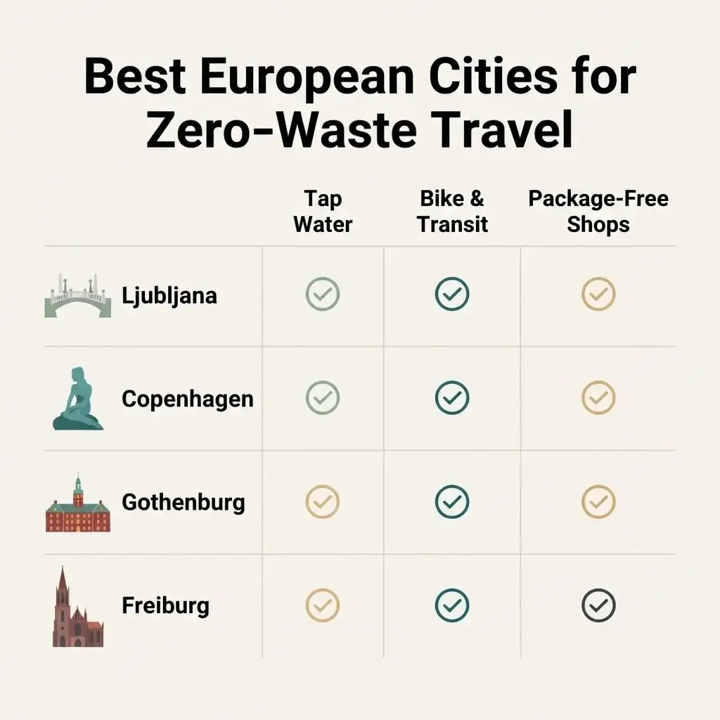 Comparison chart of the best European cities for zero-waste travel showing tap water, transit and package-free shopping