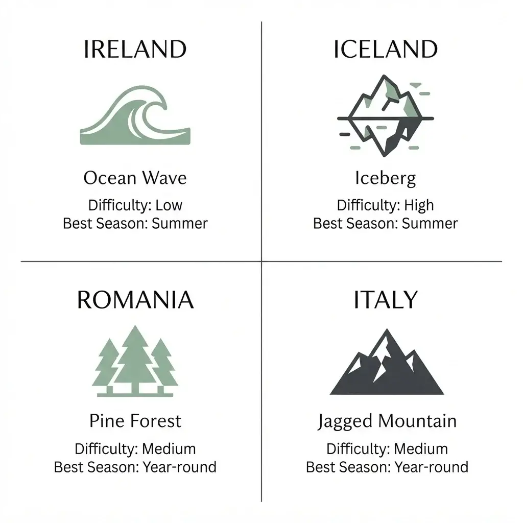 A comparison chart of four recommended European road trips showing driving difficulty, landscape type, and the ideal season for travel.