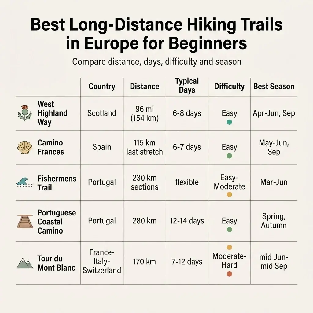 A clean comparison chart of the five best long-distance hiking trails in Europe for beginners, showing the West Highland Way, Camino Frances, Fishermen's Trail, Portuguese Coastal Camino, and Tour du Mont Blanc with their distance, typical days, difficulty, and best season.