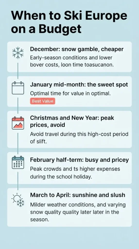 Flat vector seasonal timing guide showing the cheapest months to ski Europe on a budget from December through April