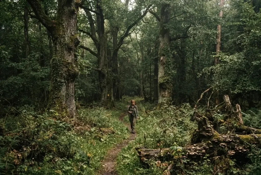 Ancient primeval forest with towering old oaks and fallen deadwood in Białowieża, Poland, a UNESCO World Heritage site