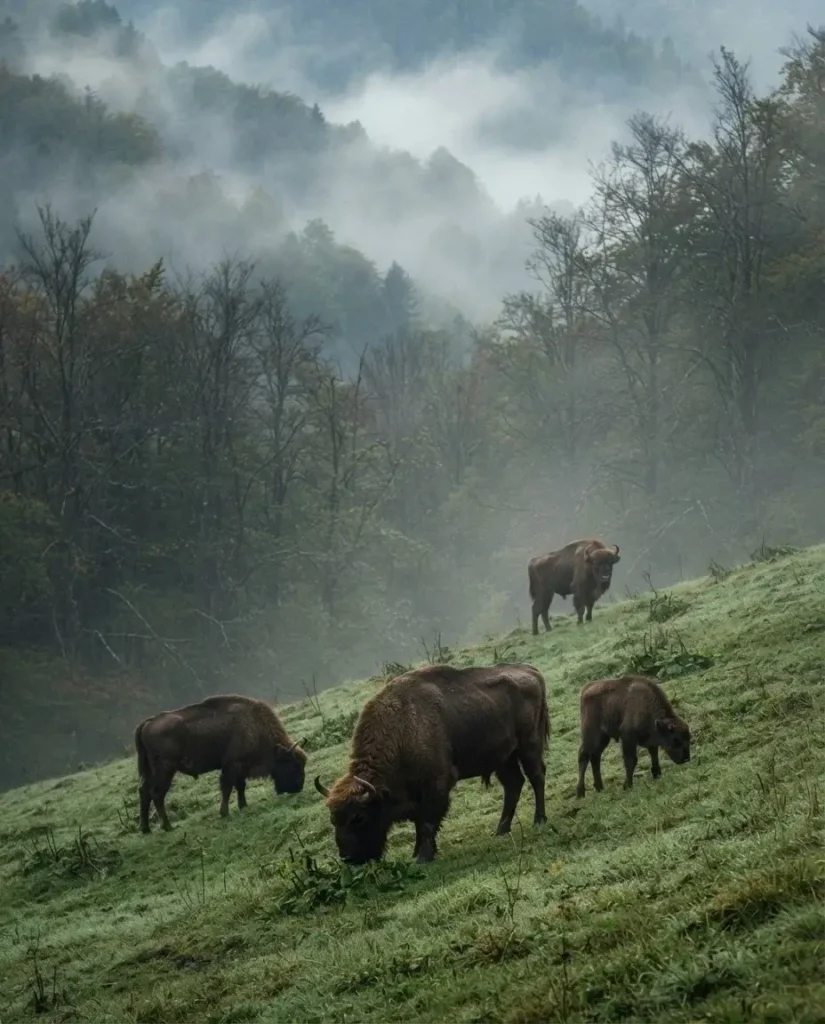 Wild European bison grazing on a misty mountain hillside in the Tarcu Mountains, Southern Carpathians, Romania