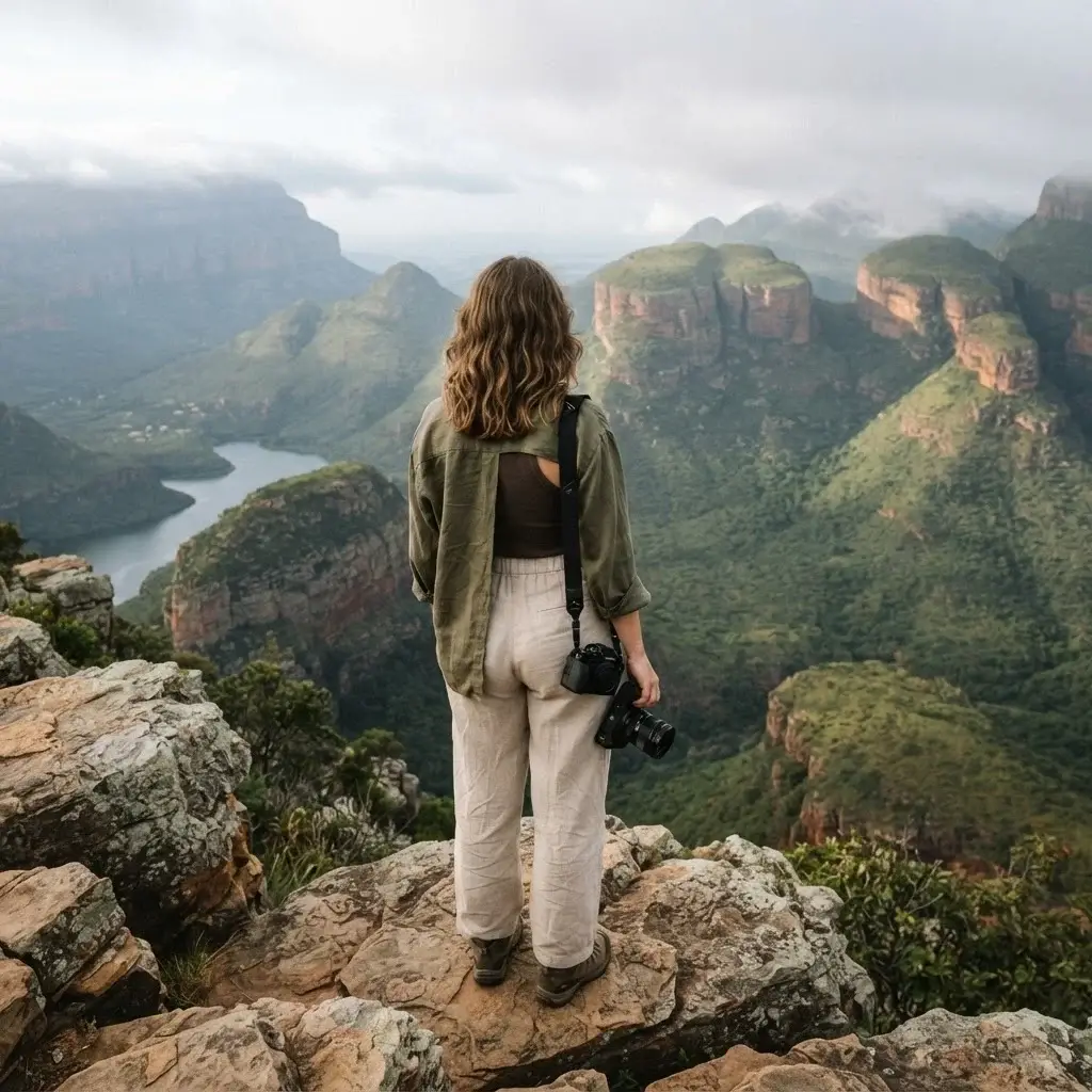 A solo female traveler looking out at the Three Rondavels and Blyde River Canyon, Panorama Route, South Africa, landscape photography.