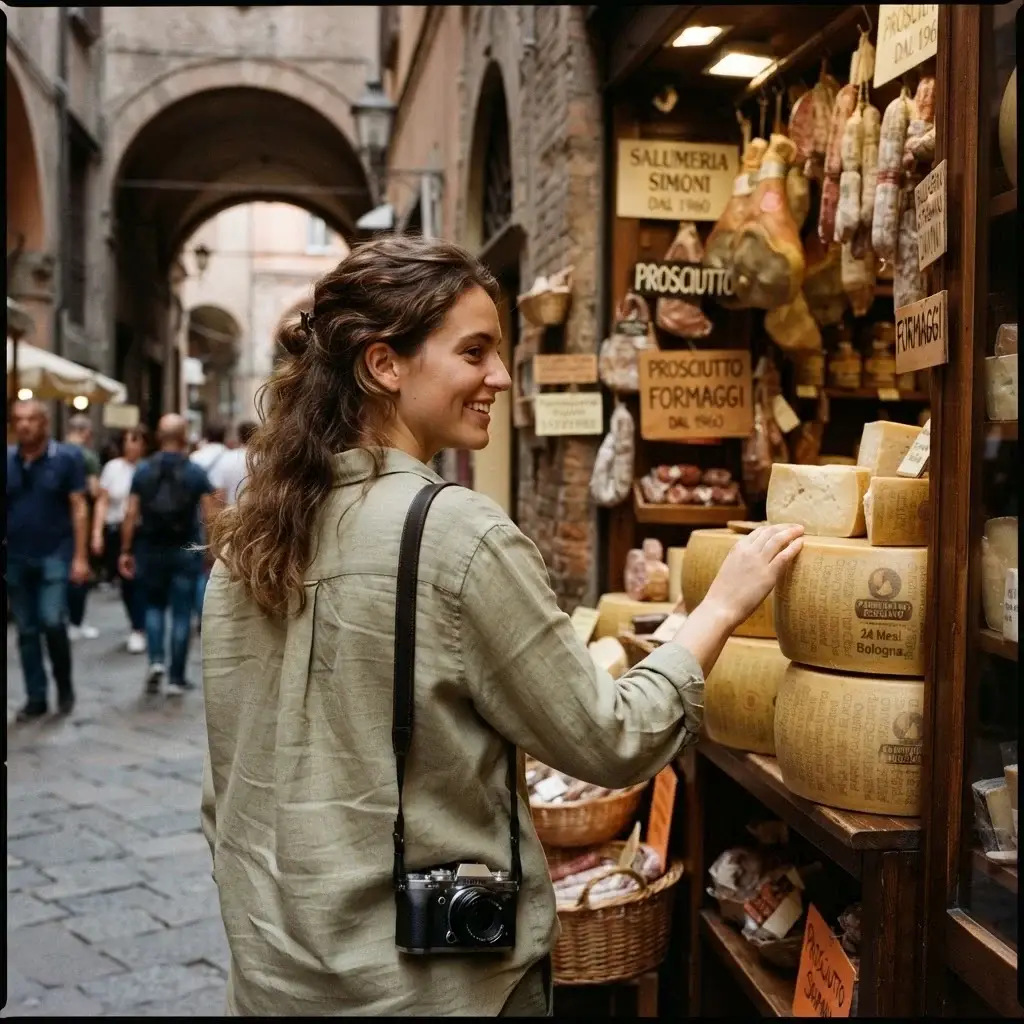 Emma Collins exploring the bustling food stalls of the historic Quadrilatero market district in Bologna, Italy, admiring fresh local produce and cheeses.