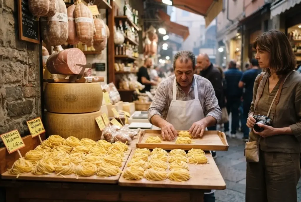 Fresh egg pasta and mortadella at the Quadrilatero market district in Bologna, Italy
