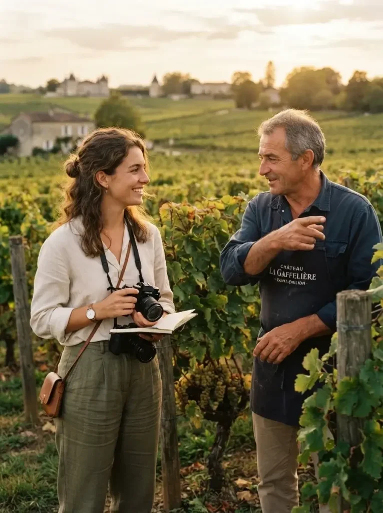Emma Collins standing in a private Saint-Émilion vineyard in Bordeaux, talking to a winemaker, holding a notebook and a professional mirrorless camera around her neck.
