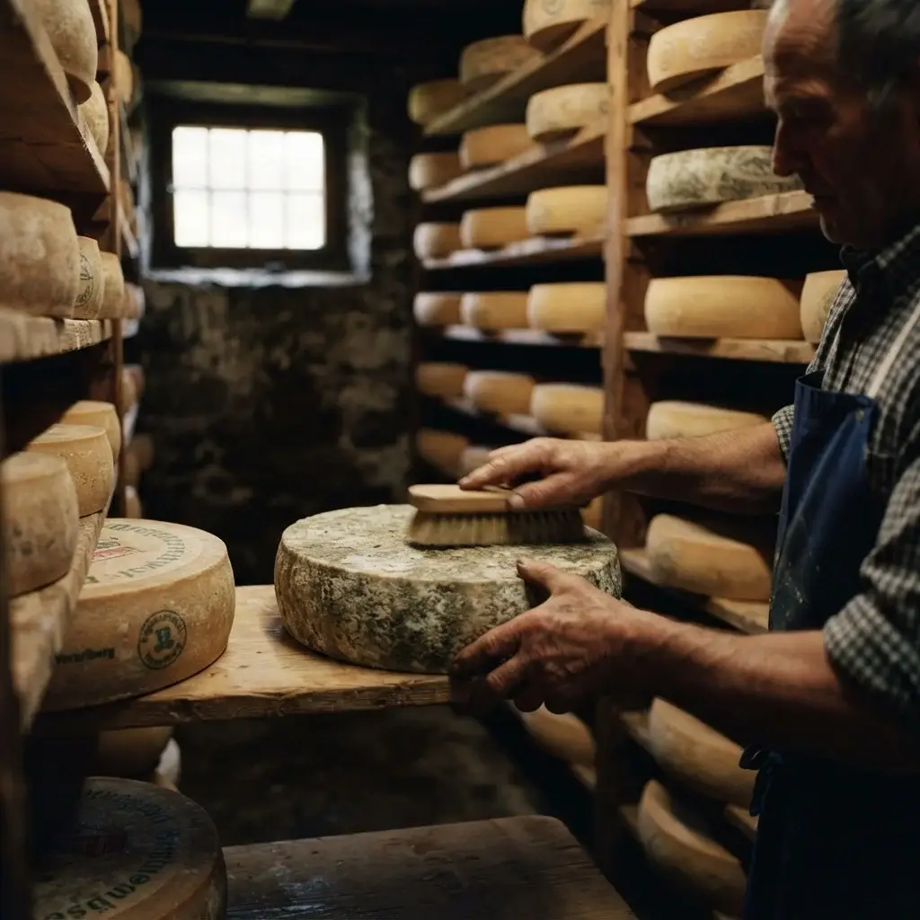Wheels of aged mountain cheese in a traditional dairy cellar on the Bregenzerwald Cheese Road in Vorarlberg, Austria