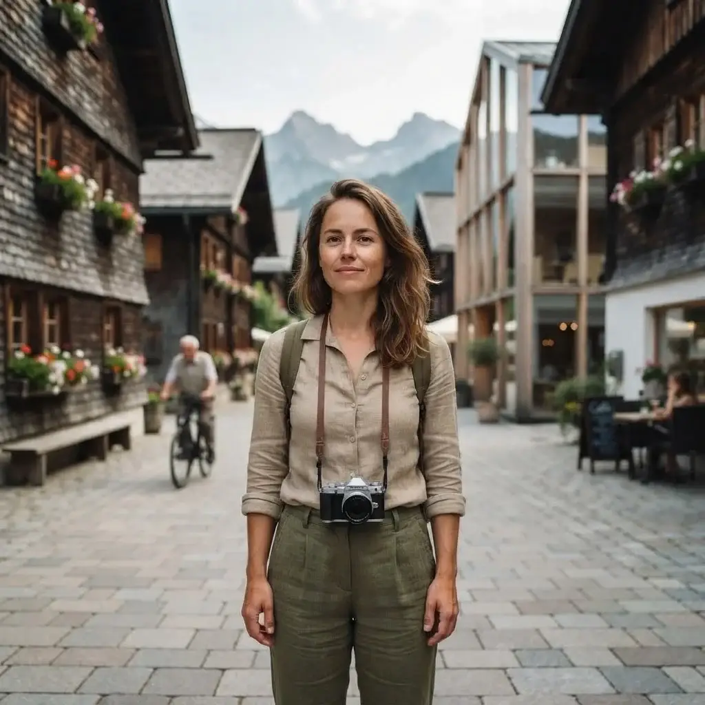 A female traveler with natural brown hair wearing linen clothes, standing in a village in the Bregenzerwald region of Austria, surrounded by traditional wooden shingle houses and modern glass architecture during daylight.