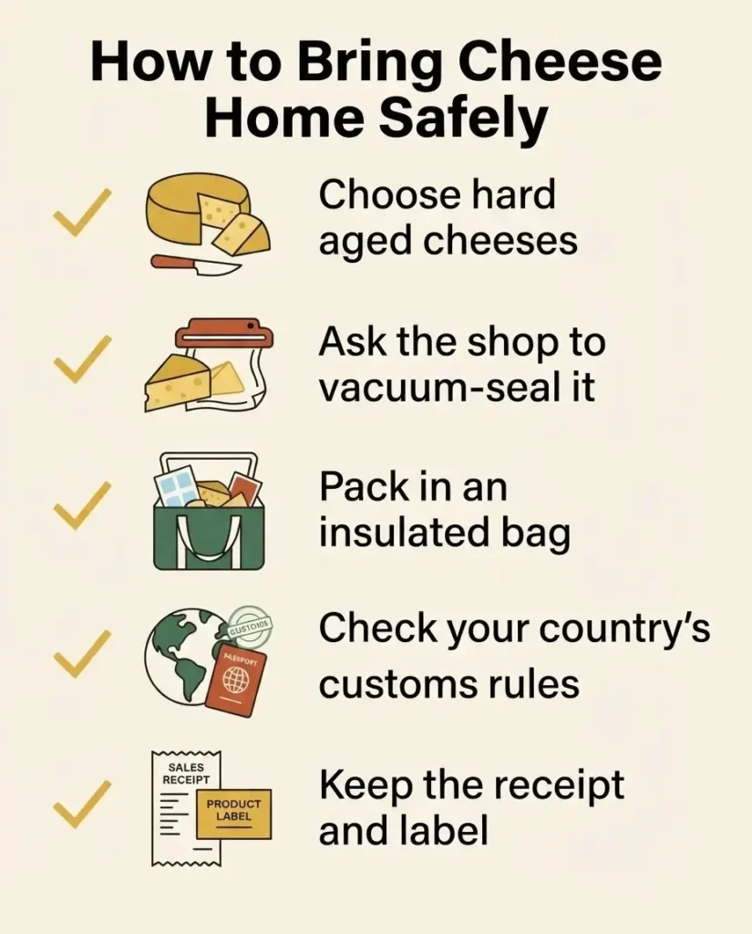 Flat vector checklist infographic on how to safely bring European cheese home, covering sealing, packing and customs rules