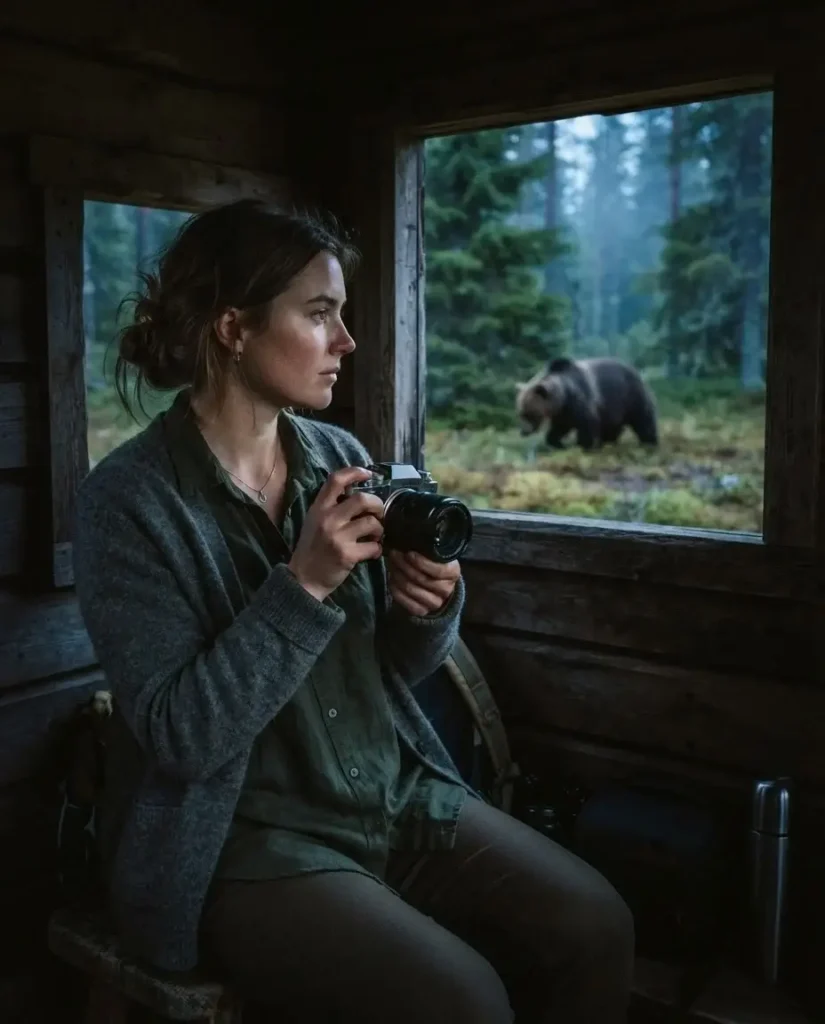 Female solo traveler photographing a wild brown bear from a wooden hide in the taiga forest near Kuhmo, Finland at dusk