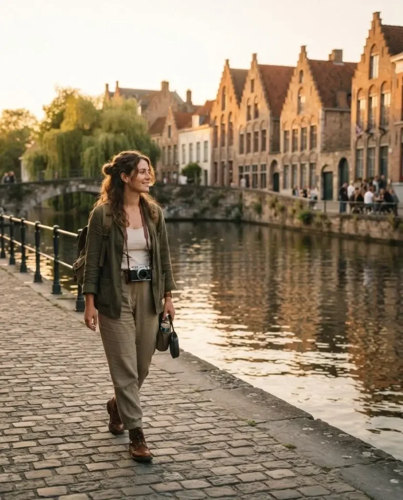 Solo traveler walking along a quiet canal in Bruges historic center, Belgium
