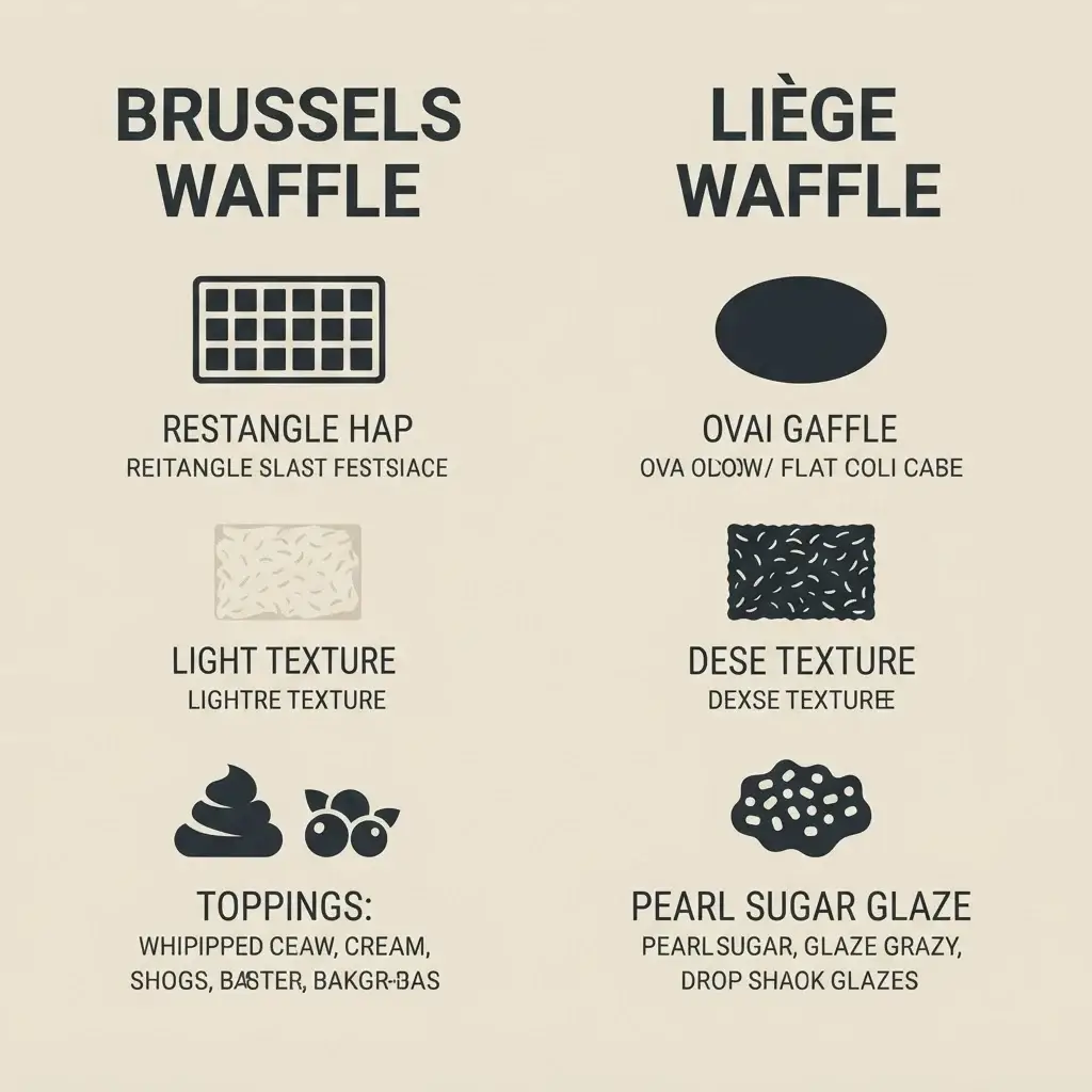 A minimalist flat vector comparison chart detailing the differences in shape, texture, and flavor profiles between a Brussels waffle and a Liège waffle.